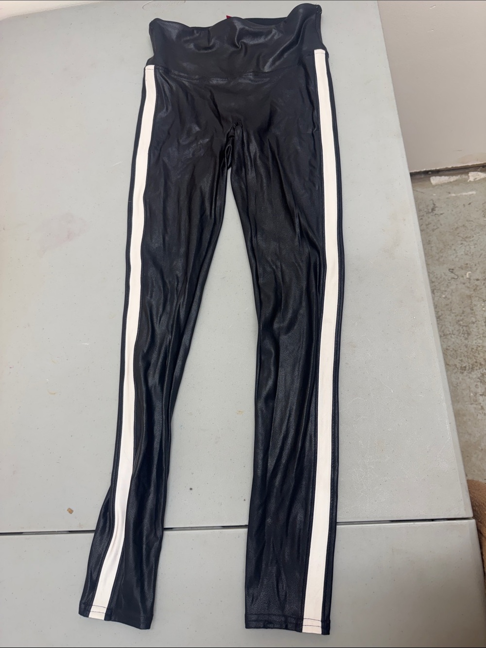 Spanx Black Faux Leather Leggings with White Side Stripes